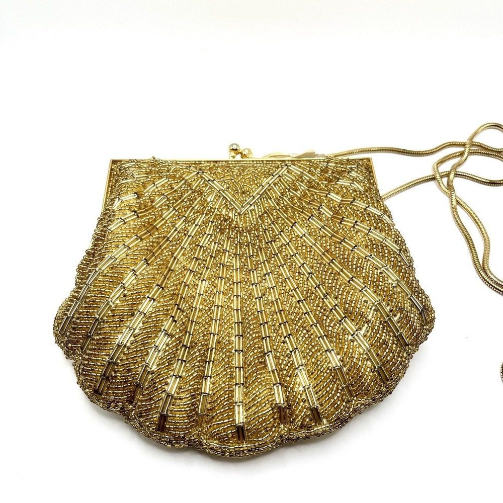 Vintage 6" NOS Gold Beaded Seashell Clam Evening Bag by Andre Cellini Deco Style